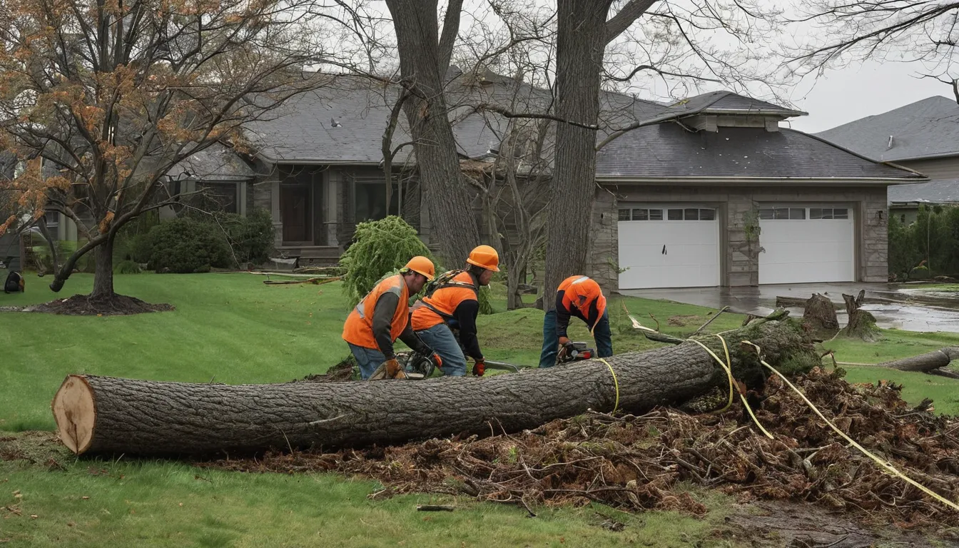 A local provider crew safely cutting a storm-damaged tree in a Waukegan backyard